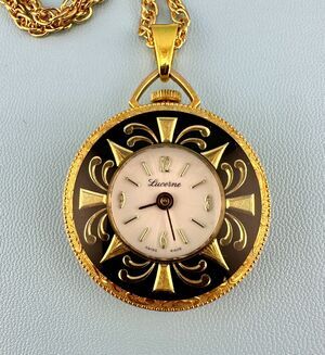 Vintage Lucerne Watch Pendant Necklace Gold Tone Floral Etched Ornate 24" READ